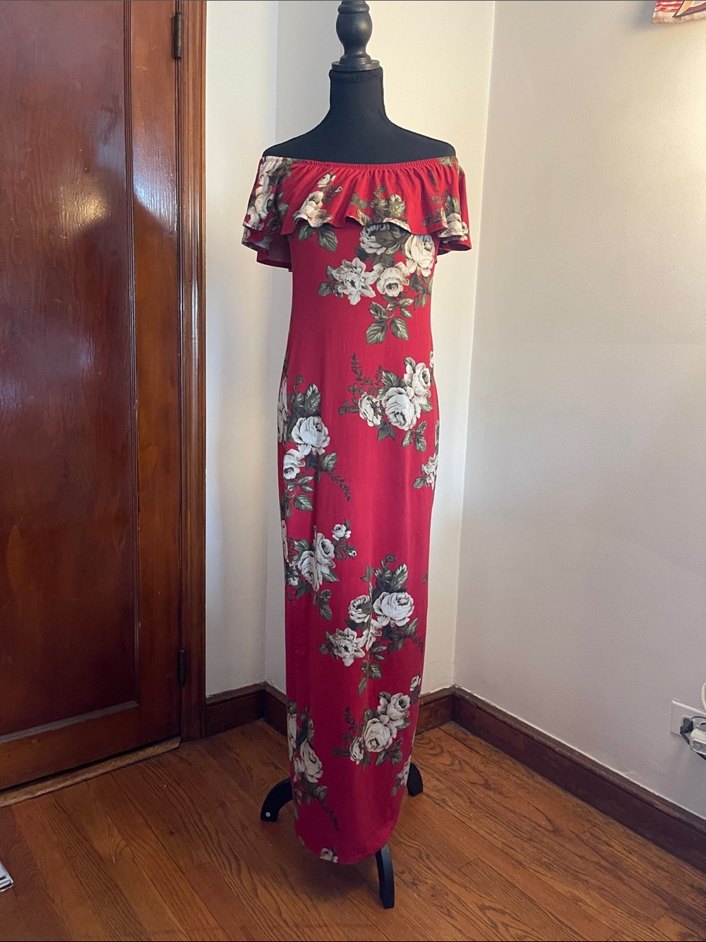 Off-Shoulder Red Floral Maxi Dress with Ruffle Neckline